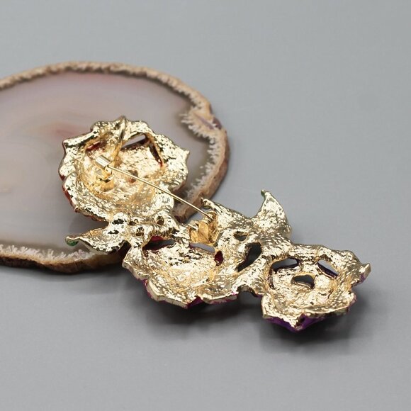 Jewelry pin brooch rose roses flower large gold tone pink red purple fashion - Picture 7 of 12
